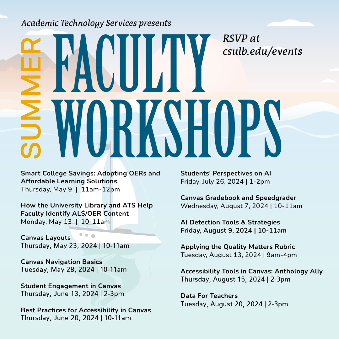 CSULBATS's tweet image. Check out these faculty workshops ATS will be offering in the Summer!

#csulb #csulbats #teaching #learning #workshops

csulb.edu/academic-techn…