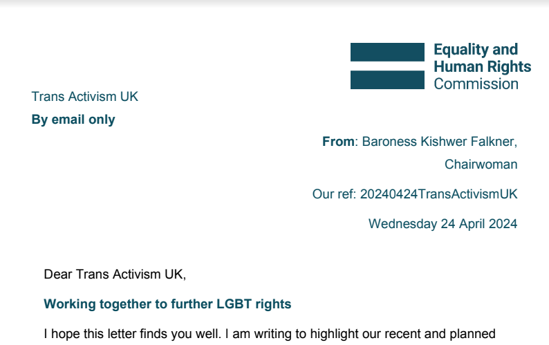 We also received a letter from the EHRC on behalf of @EHRCChair. This is clearly to counteract the official investigation by @Ganhri1 on their continued failings towards the LGBT community especially where trans rights are concerned. We endorse all the points raised by TSN below.