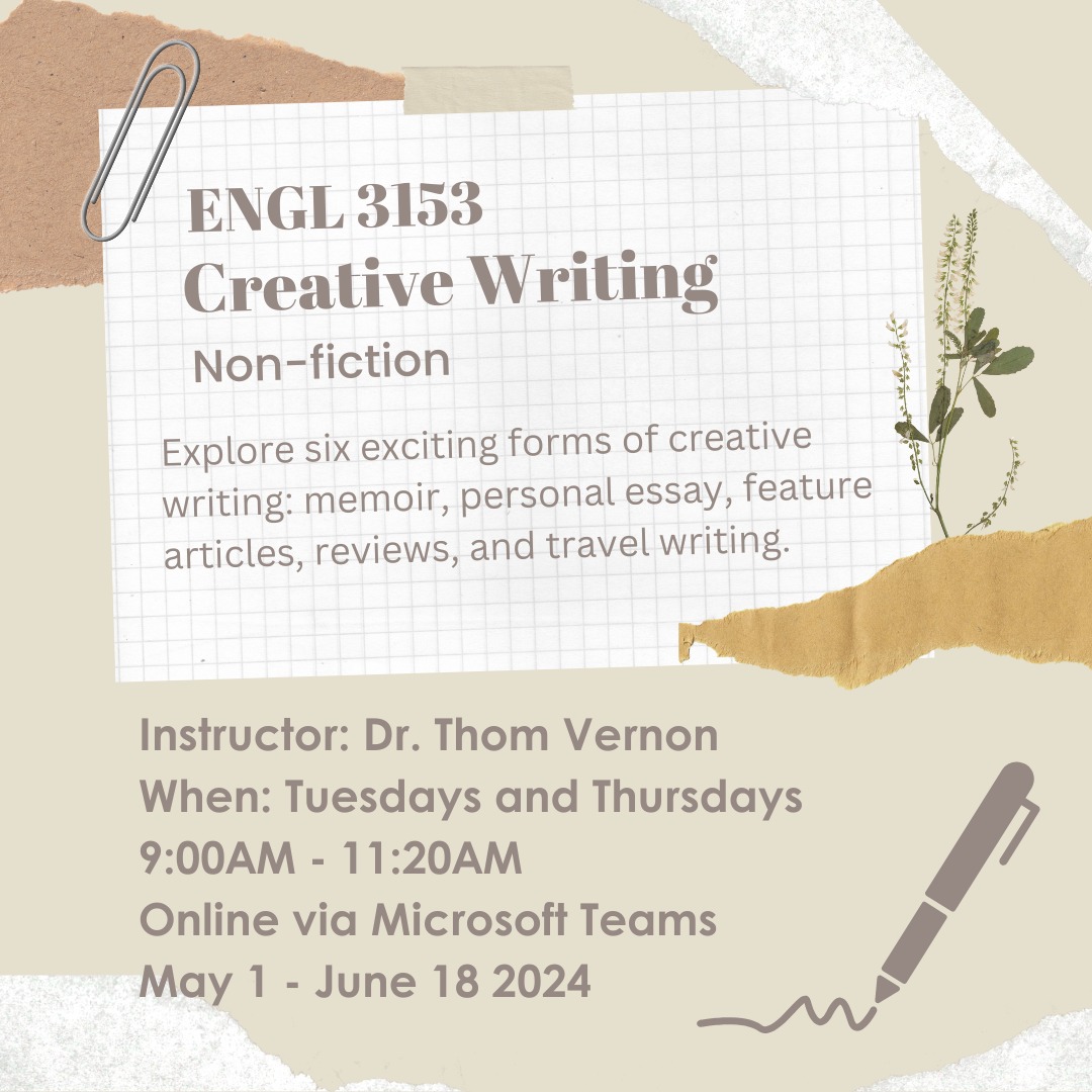 Summer learning opportunity: Online Non-Fiction Creative Writing class! Register today.