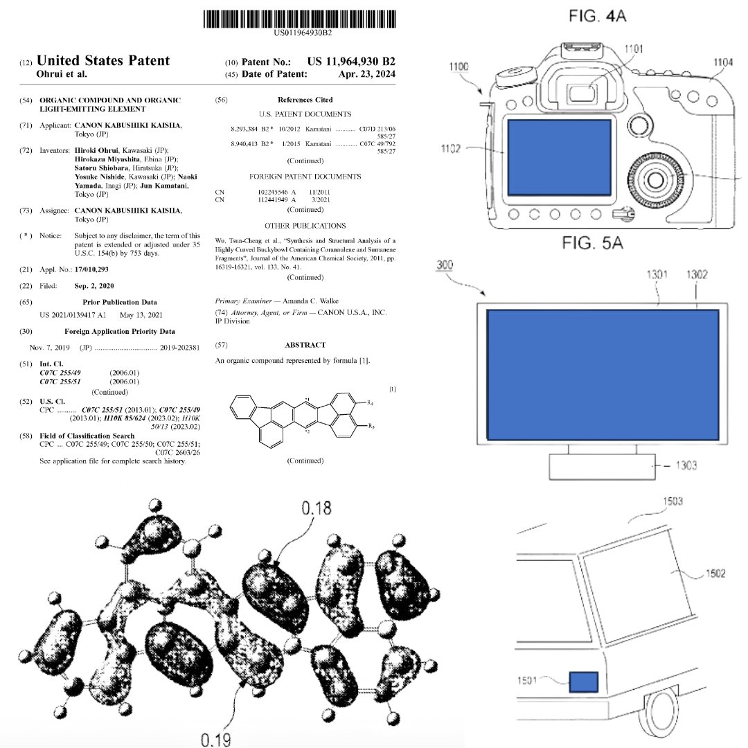 Canon's new organic light-emitting compound brings new light to the camera industry.

New light-emitting compound developed by Canon to be used in cameras, phones, car lights, and much more.

US Patent No. 11,964,930

#patents #lightscameraaction #photography