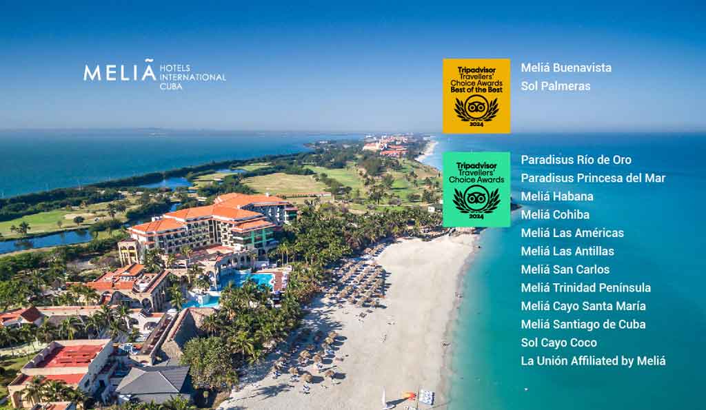 The Meliá Buenavista and Sol Palmeras hotels, managed by Meliá Hotels International Cuba, won the “Travellers' Choice Best of The Best 2024” award from the Tripadvisor portal, ranking among the best all-inclusive hotels in the Caribbean.