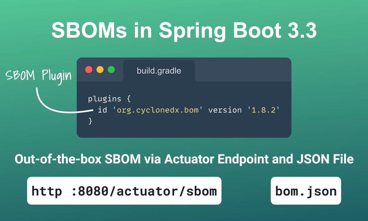 Spring Boot 3.3 can detect the @CycloneDX_Spec Gradle/Maven plugin and automatically use it to generate an SBOM when you build the Java application. It will export the SBOM as a JSON file, and serve it via a dedicated Actuator endpoint. @springboot