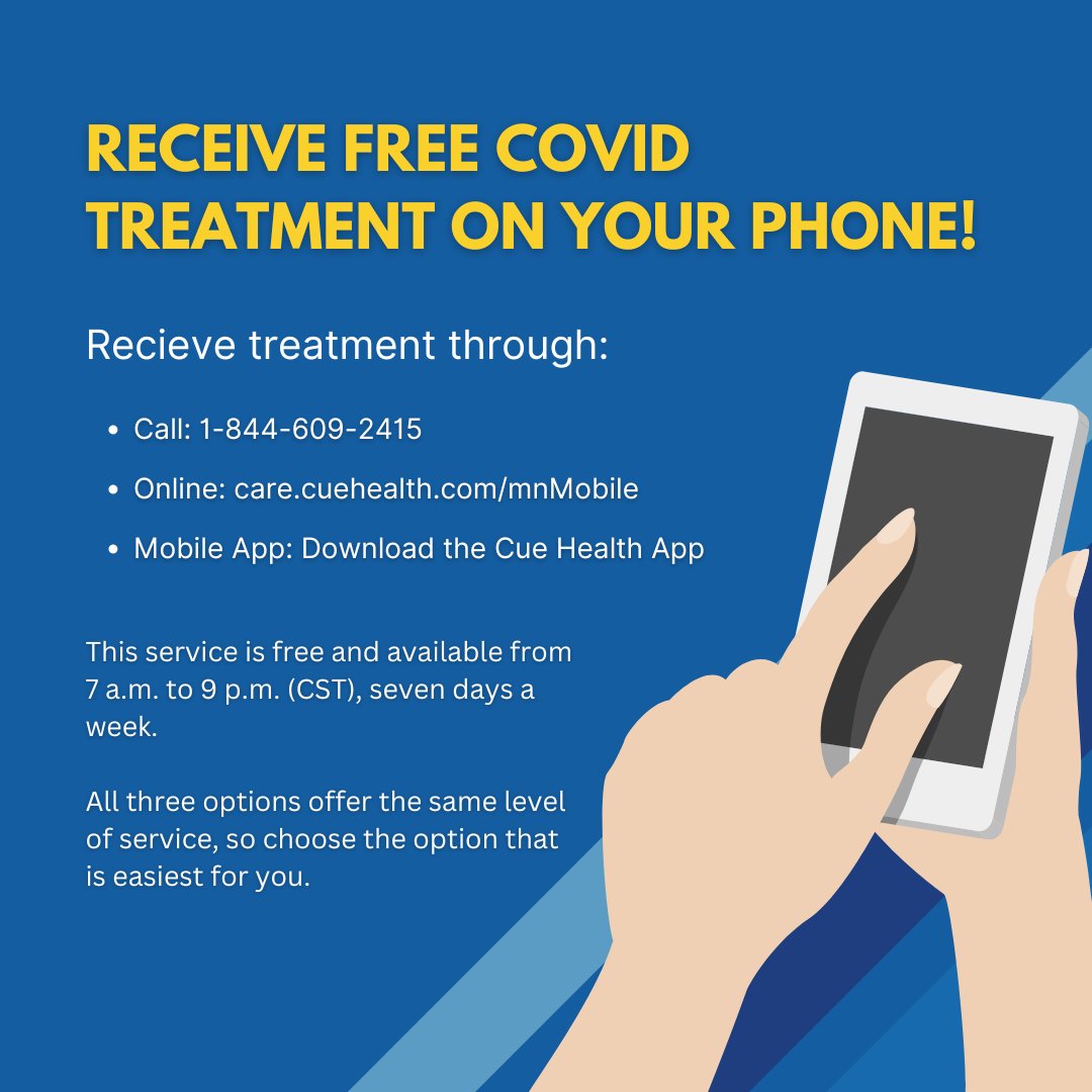 Did you know that people in Minnesota who test positive or who have symptoms and had close contact with someone who has COVID can receive COVID medications through a telehealth program provided by MDH and Cue Health?

#communityresources #twincitiesmn #vaxmn #covidtesting