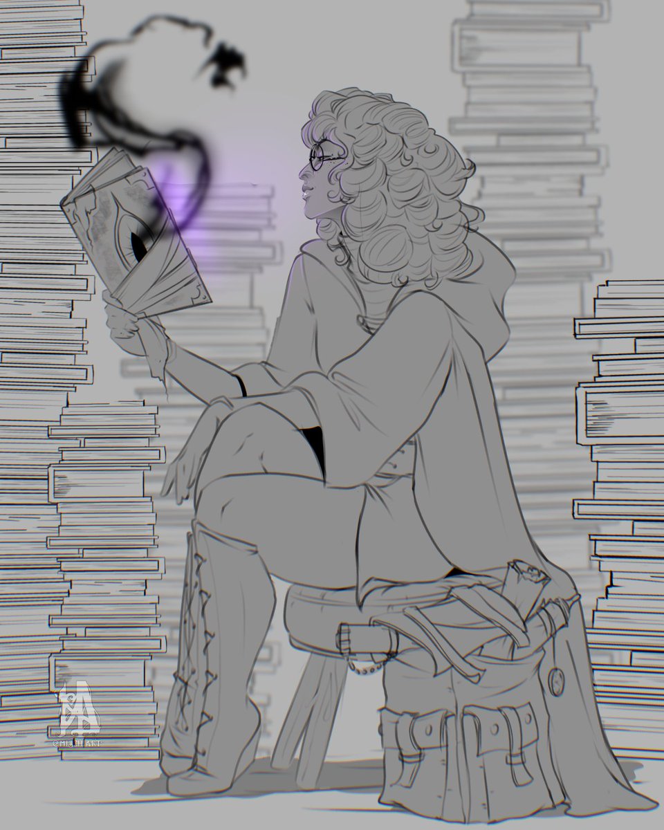 A scholarly bard, Elydia, dusting off on old, familiar grimoire.  👁‍🗨 [WIP commission sketch]

#DungeonsAndDragons #DnDArt
