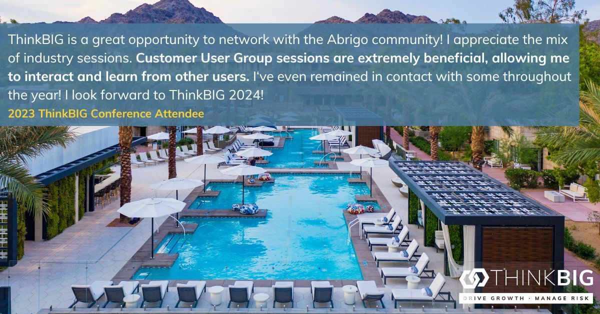 Connect with your peers this summer at Abrigo's ThinkBIG conference! This year we are taking over the Arizona Biltmore for four days of transformative sessions, dynamic speakers, and immersive networking events. Don't miss out, register by May 10: bit.ly/3U8i39U