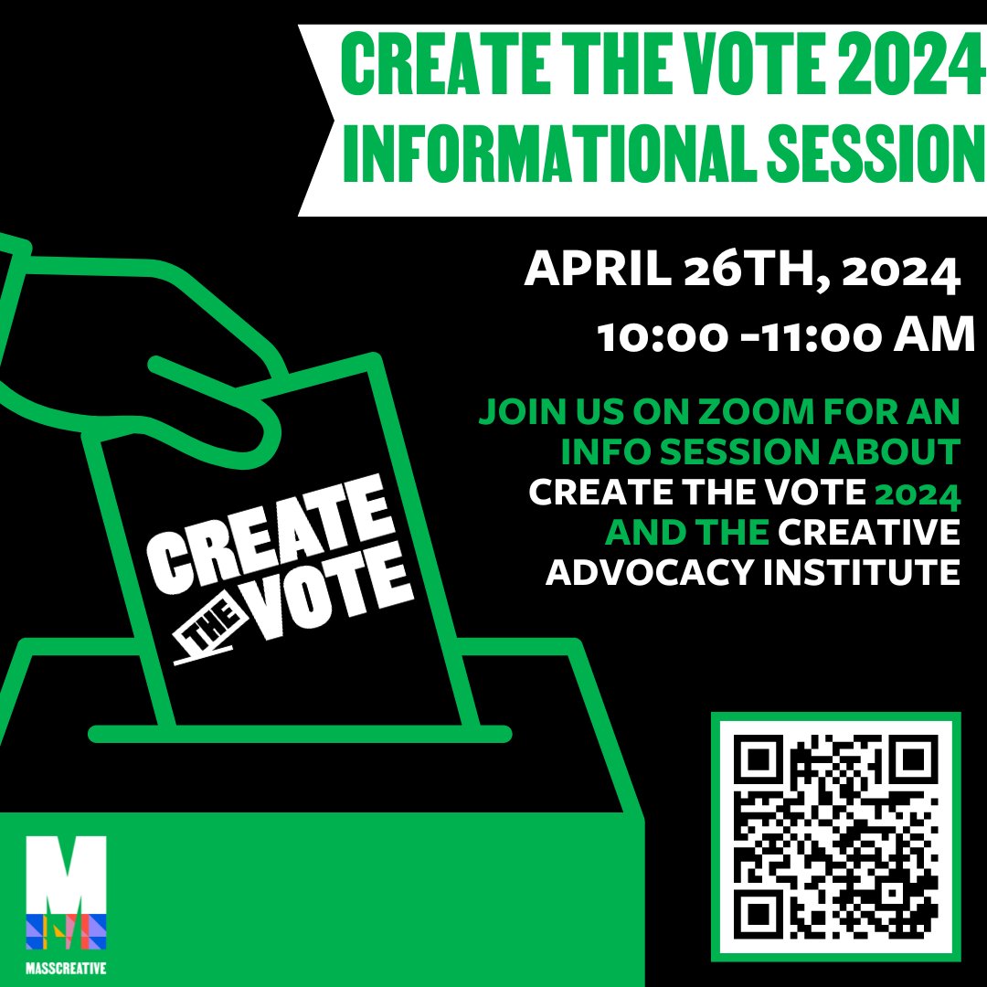 Our first Create the Vote information session of 2024 is happening this Friday! Join us to learn more about this year's campaign. #CreateTheVote #MAPoli mass-creative.org/events-2-1/ctv…