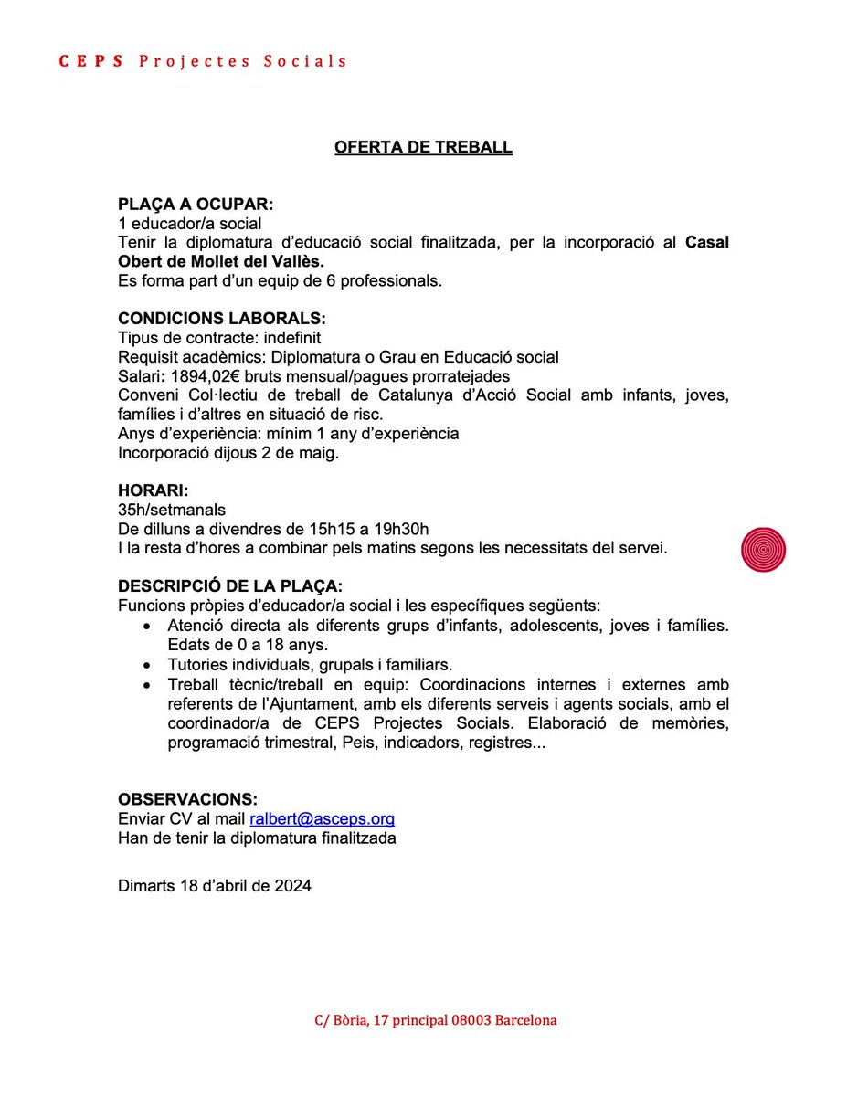 #OfertaLaboral d'educador/a social al Casal Obert de Mollet del Vallès Info ➡️ linkedin.com/feed/update/ur…