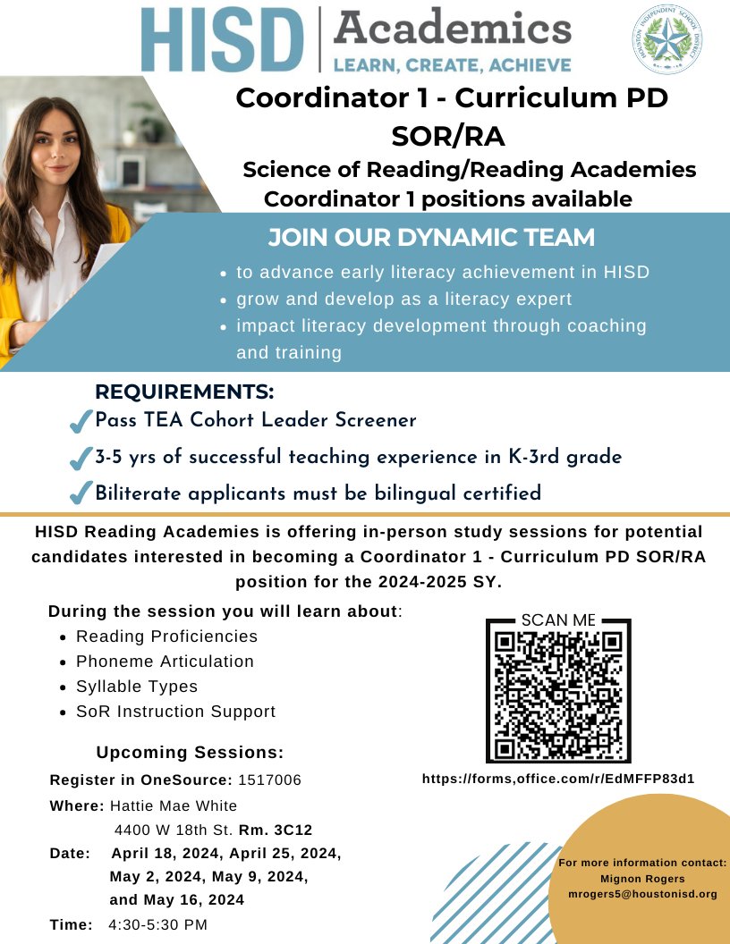 ⚠️ @TeamHISD - Are you interested in becoming a Coordinator for Curriculum PD? We have SoR/RA positions available for the 24-25 SY. Attend one of our study sessions! See flyer below for OneSource #.