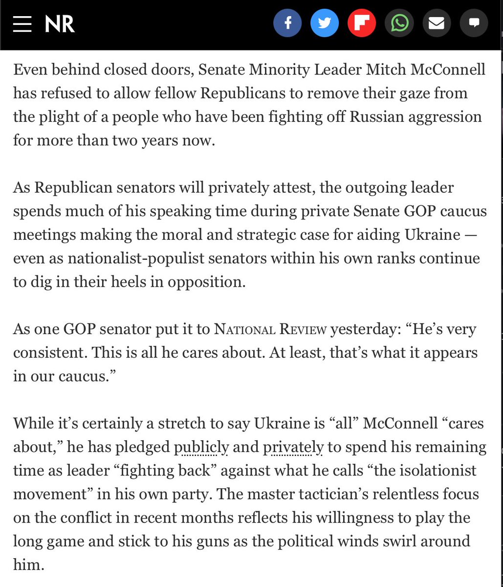 Mitch McConnell's relentless focus on making the moral and strategic case for aiding Ukraine in recent months reflects his willingness to play the long game and stick to his guns as the political winds swirl around him. W/ @brittybernstein nationalreview.com/2024/04/gop-de…