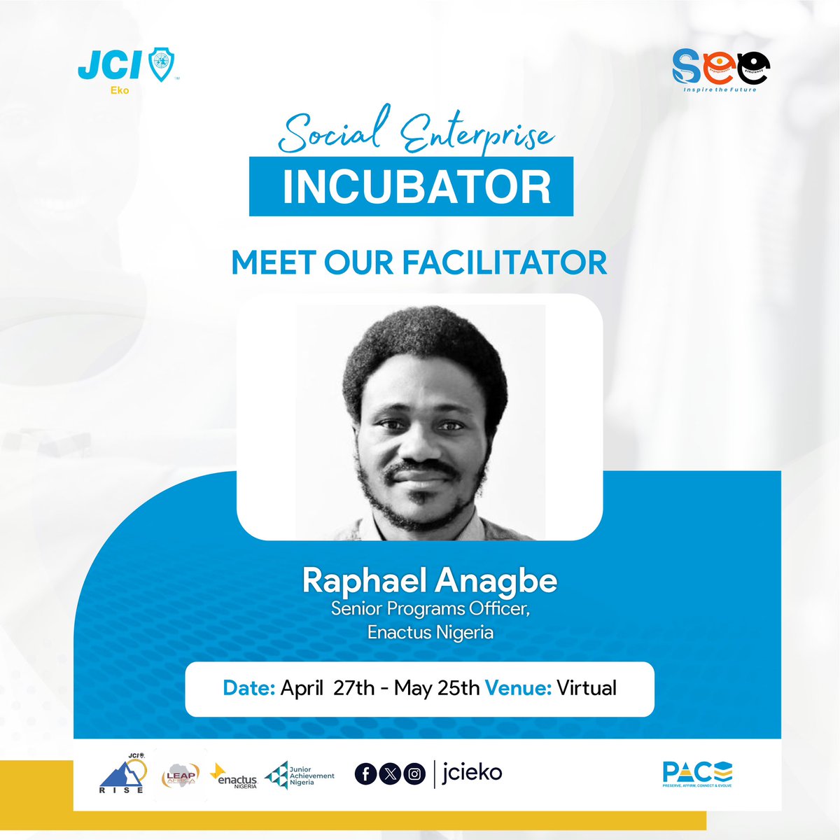 Exciting News 🎉

Victor Akinfala, the Head of Partnership and Special Projects at Enactus Nigeria, and Raphael Anagbe, the Senior Programs Officer at Enactus Nigeria, will be among the esteemed facilitators at the upcoming Social Enterprise Incubator.