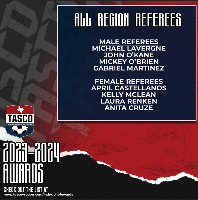 S/O to our 2023-2024 All Region Referees of the Year! Thanks to our TASCO members for nominating and voting on them! And, thanks to each of them for what you do for Texas Soccer! #TASCO #TXHSSoc #TXHSSoccer