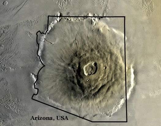 The largest volcano in our solar system (Olympus Mons on Mars) compared to Arizona