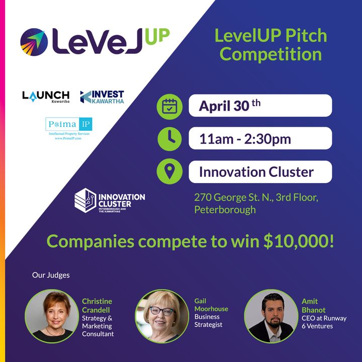 RSVP to our LevelUP pitch event to see 9 Peterborough startups compete for $10,000! Judges: Christine Crandell, Gail Moorhouse, Amit Bhanot. Thanks to our sponsors: Invest Kawartha, @KawarthaLakesCF and Prima IP. RSVP: leveluppitch.eventbrite.ca