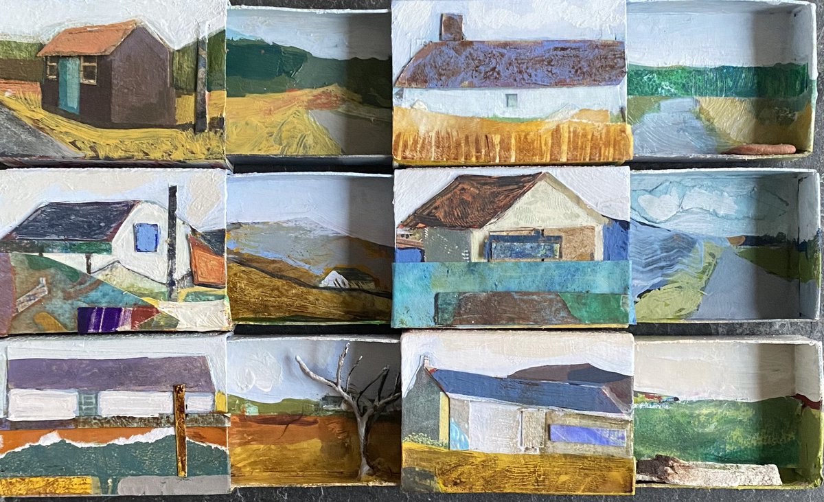 ‘6 Barra buildings’ acrylic, collage, found objects in Scottish souvenir matchboxes #reuse #repurpose #reclaim