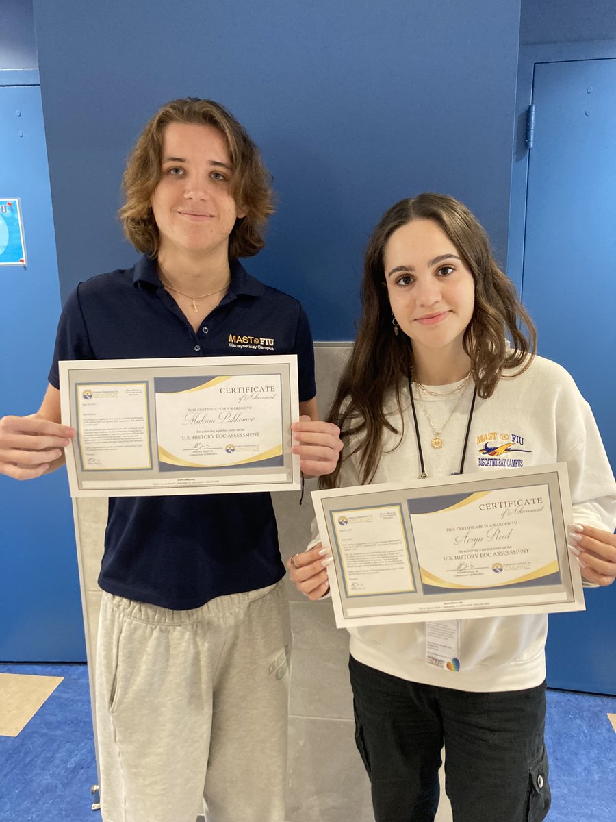 Congratulations Aeryn R. and Maksim P. for achieving a perfect score on the U.S. History EOC Assessment. Today they were recognized with certificates of achievement from the Florida Department of Education. #YourBestChoiceMDCPS #MASTatFIU #USHistory #ProudMantas