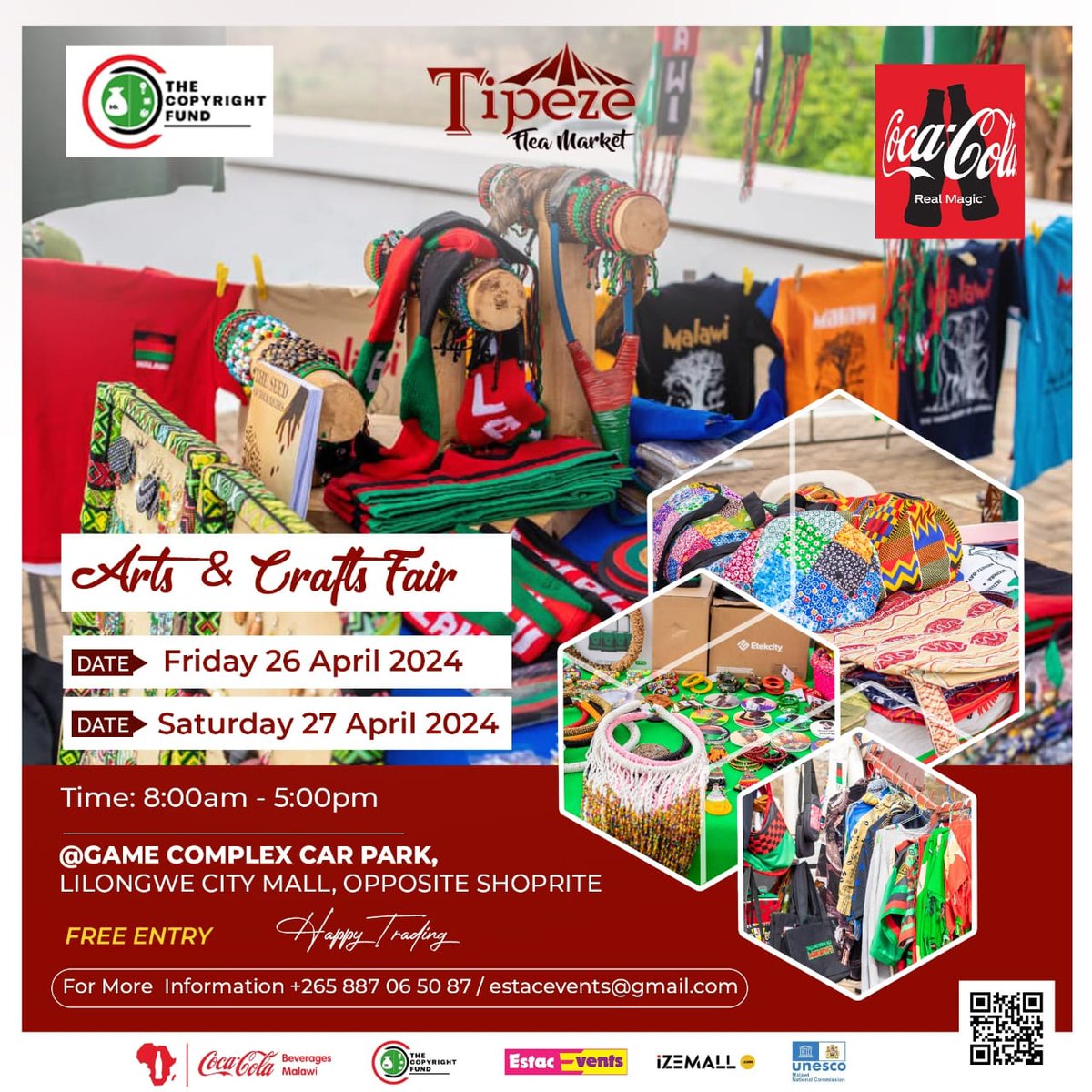 Arts and Crafts Fair
Friday 26 & Saturday 27 April 2024
Lilongwe Game Complex opposite Shoprite
#copyrightfundmalawi
#worldartday
@UNESCO 
@COSOMA_MW