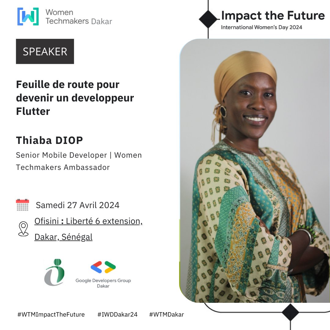 ✨ #IWDDakar24 : Découvrez nos intervenants ! ✨
 🌟 Heureuses de vous annoncer la participation de <a href="/MimiStic_sn/">Thiaba DIOP 🌍</a>, Développeuse mobile senior et ambassadrice WTM, qui animera une session incontournable! 
🚀 Thème : "Le Chemin vers l'Excellence en Développement Flutter"
#IWDDakar24