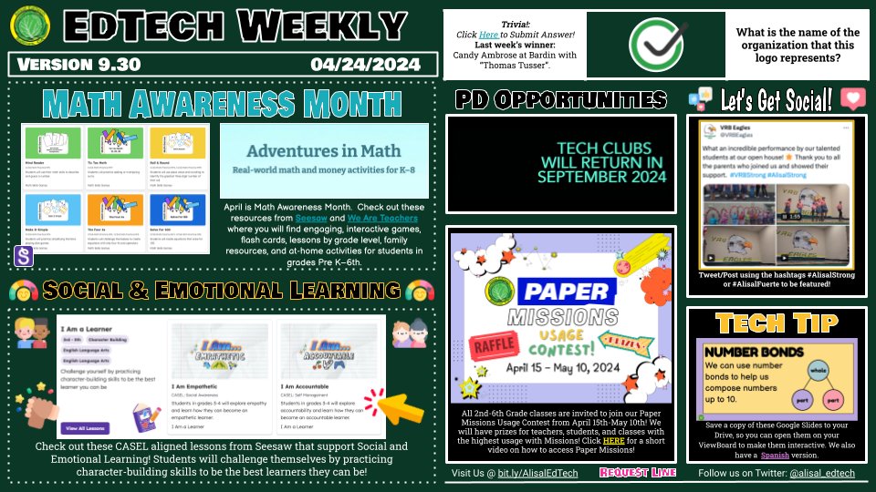 Happy Wednesday Alisal!🥬In this week's EdTech Weekly you will find Math Awareness Month 🧮, SEL resources from @Seesaw 💚, @paperlearning Missions Contest 🎟️, Tech Tip 💡, Trivia Question ✅…and more! Have a fabulous week! 😎 bit.ly/AlisalWeekly