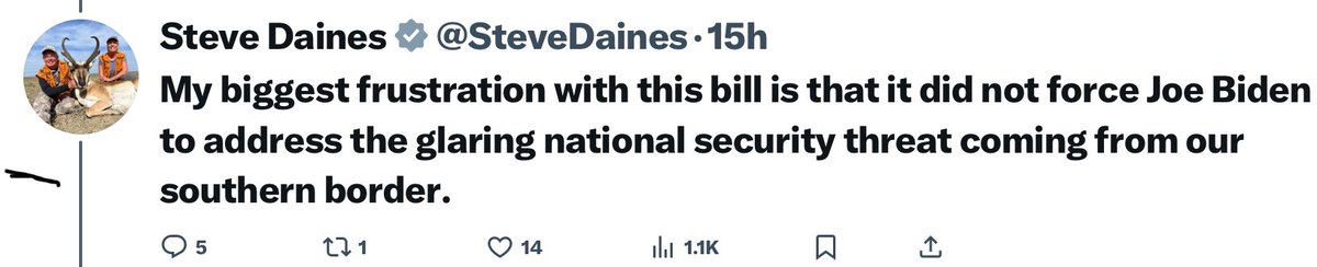 The Senate has a strong border bill, negotiated by Conservative Senator Langford, it was part of the foreign aid bill.  Daines helped to kill it. #MtPol  #MtSen #MtNews For political reasons.