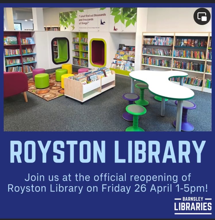 Join us at the offical reopening of Royston Library after its refurbishment on Friday 26 April 2024! - Children's Crafts 1pm-4.30pm - Story And Rhyme Session at 2.15pm We can't wait to see you there!