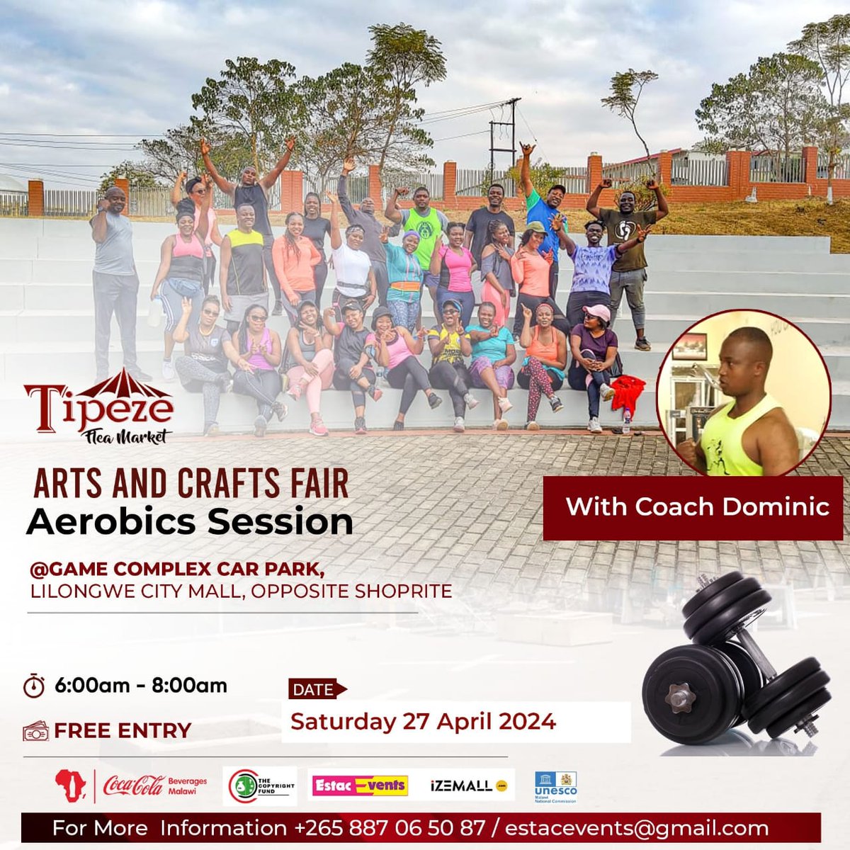 Arts and Crafts Fair
Aerobics Session
Saturday 27 April 2024
6am - 8am
Lilongwe Game Complex opposite Shoprite
#copyrightfundmalawi
#worldartday
<a href="/UNESCO/">UNESCO 🏛️ #Education #Sciences #Culture 🇺🇳</a> 
<a href="/COSOMA_MW/">Copyright Society of Malawi</a>