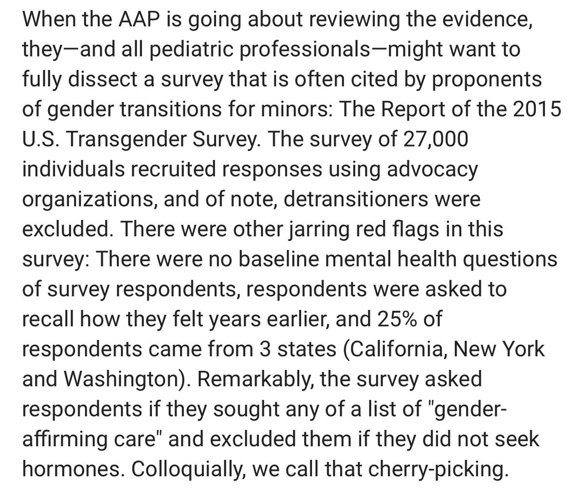 @DanCrenshawTX is 🎯 to question the evidence for using daily ( possibly lifelong) drugs and performing surgery in youth based on surveys. The paragraph below points out the problems in one of the most cited surveys. Read full survey here transequality.org/sites/default/…