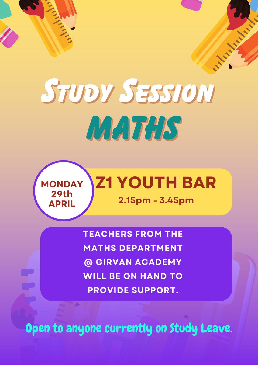 Girvan Youth Trust (@girvanyouthtrst) on Twitter photo You asked, we're doing!
We're opening up Z1 Youth Bar on Monday 29th April from 2.15pm-3.45pm for anyone who wants to come in and study.
Teachers from the Maths Department will be on hand to provide support.
This is open to anyone preparing for their exams.
<a href="/girvanacademy/">Girvan Academy</a> You asked, we're doing!
We're opening up Z1 Youth Bar on Monday 29th April from 2.15pm-3.45pm for anyone who wants to come in and study.
Teachers from the Maths Department will be on hand to provide support.
This is open to anyone preparing for their exams.
<a href="/girvanacademy/">Girvan Academy</a>