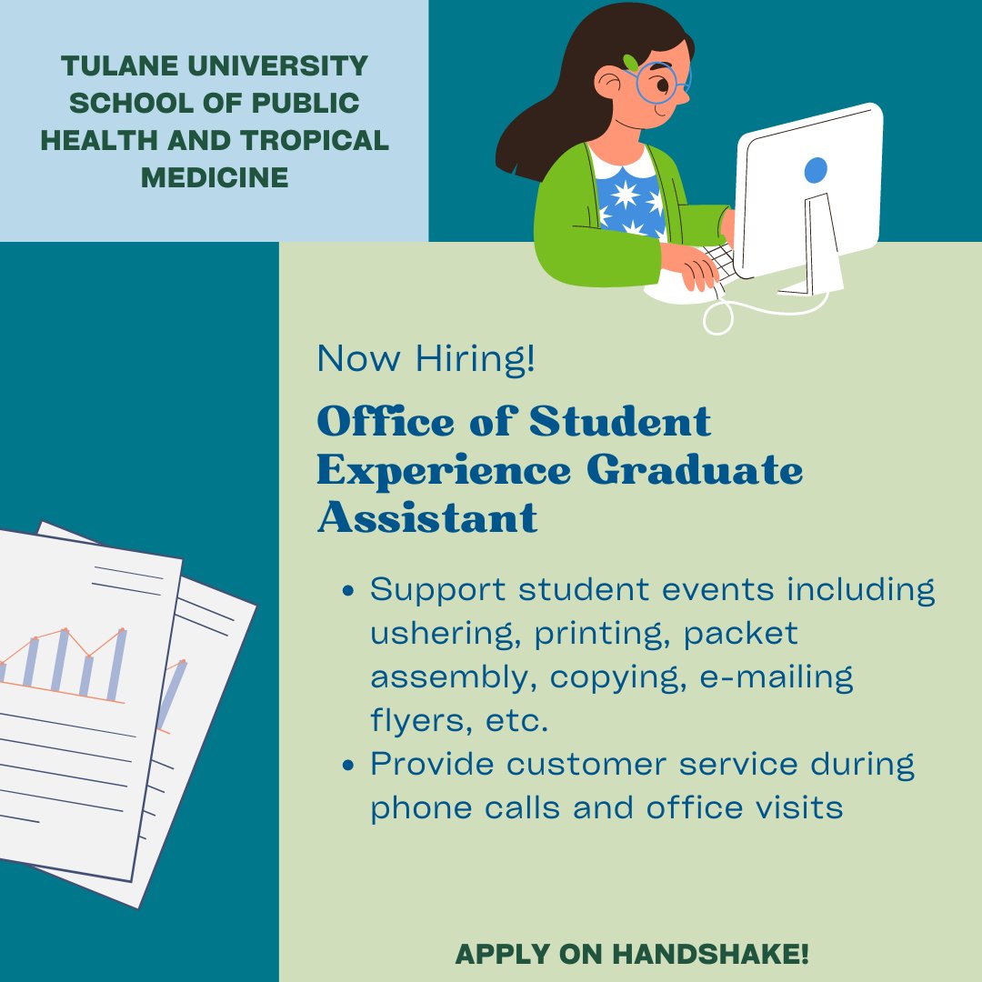 The Office of Student Experience is seeking a Graduate Assistant. Dive into event management and customer service. If you’re interested in applying or learning more, go to Handshake! #sehrjobs #studentjobs #tulanejobs