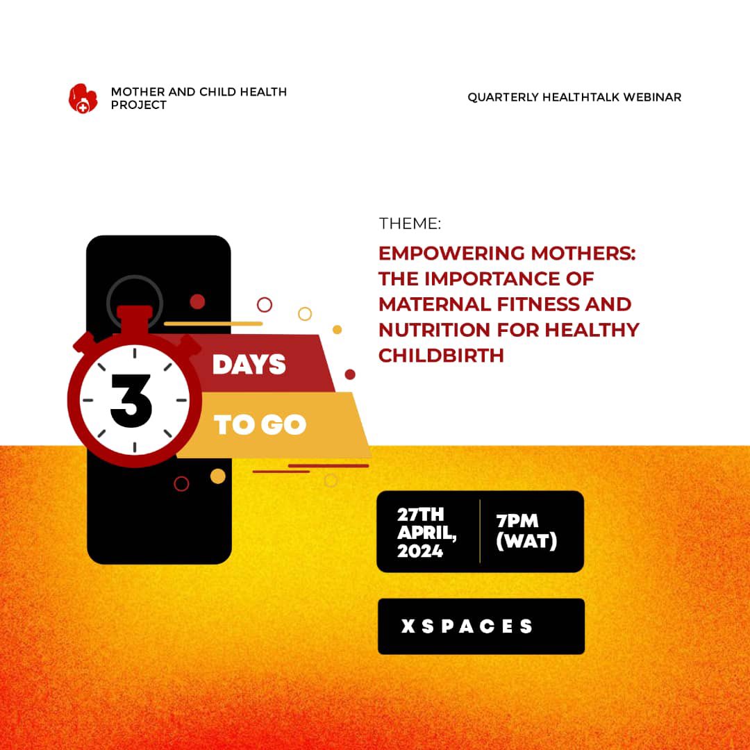 3 DAYS TO GO 🕒📅

Just days away from our Health Talk Webinar!

Join us as we explore 'the significance of maternal fitness and nutrition for a smooth childbirth journey.

 📍 Venue: X spaces
🗓️ Date: April 27, 2024
🕖 Time: 7pm

x.com/MCHProject?s=09

See you there! ❤️