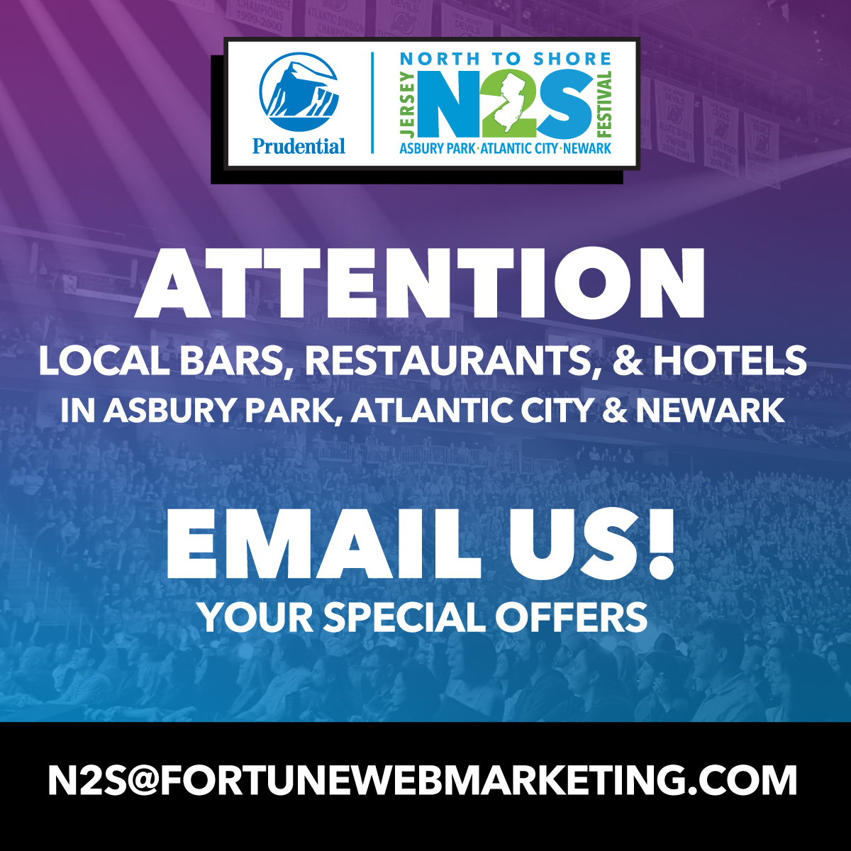 Don't miss out! If your restaurant, establishment, or hotel is located within or near AP, AC or Newark, let thousands of concertgoers and attendees know! Send a special offer for festival week and we'll get the word out. Email us the details: n2s@fortunewebmarketing.com. 📩