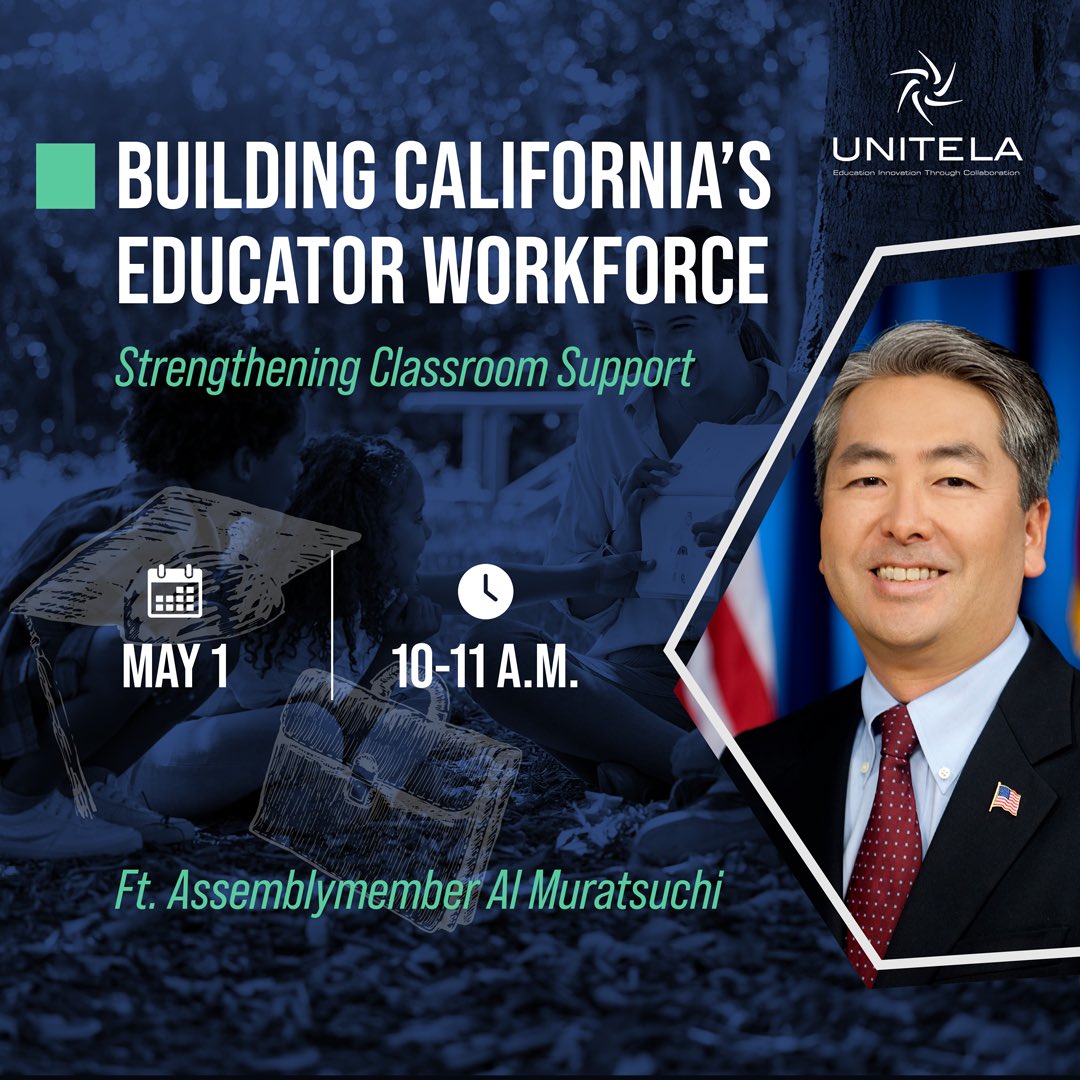 letsunitela's tweet photo. (1/2) Mark your calendars to join UNITE-LA for our Education Means Business webinar on Wednesday, May 1! We’re thrilled to have Assemblymember Al Muratsuchi as our special guest, diving into the urgent topic of the ongoing teacher shortage crisis in California. https://t.co/WOjQ97BlkL