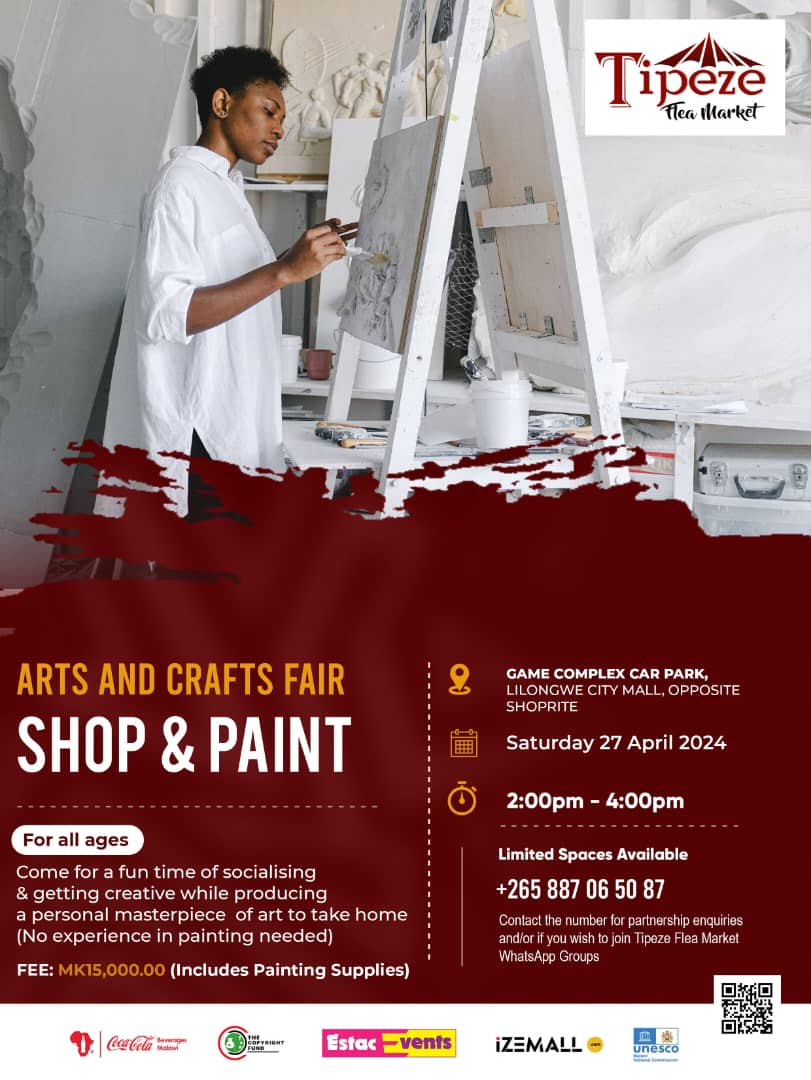 Arts and Crafts Fair
Shop and Paint
Saturday 27 April 2024
2pm - 4pm
Lilongwe Game Complex opposite Shoprite
#copyrightfundmalawi
#worldartday
<a href="/UNESCO/">UNESCO 🏛️ #Education #Sciences #Culture 🇺🇳</a> 
<a href="/COSOMA_MW/">Copyright Society of Malawi</a> 
<a href="/EstacEventsMw/">Estac Events Malawi</a>