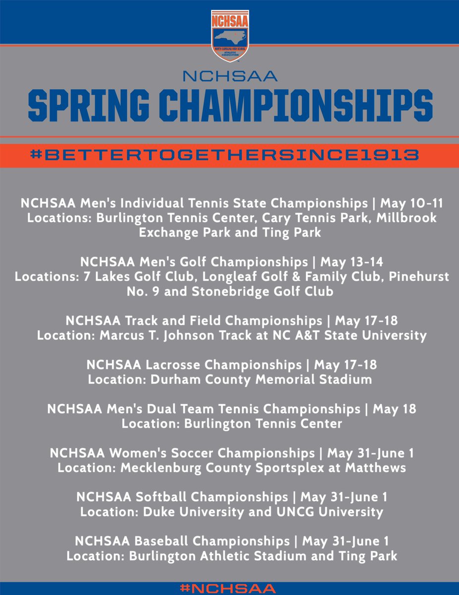 NCHSAA Spring State Championship Dates and Locations!! #NCHSAA #BetterTogetherSince1913