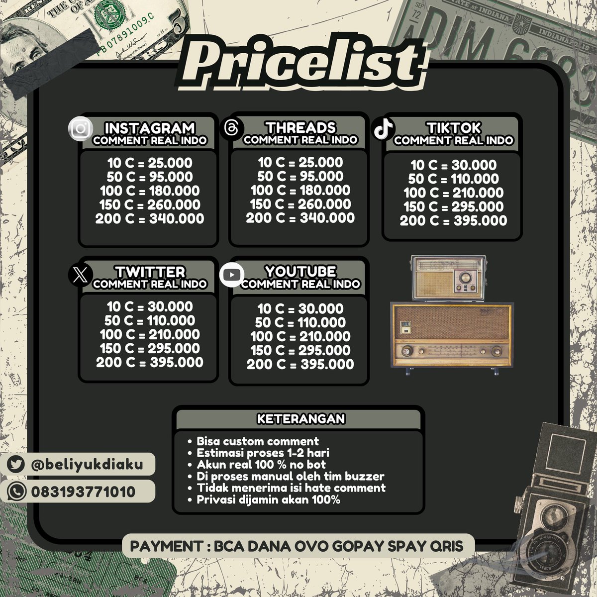 Menjual kebutuhan sosial media followers likes views dan buzzer comment 

Aman &amp; tanpa password✔️

Contact: wa.me/6283193771010

Testi: #testidiaku

𝑺𝒊𝒏𝒄𝒆 2020