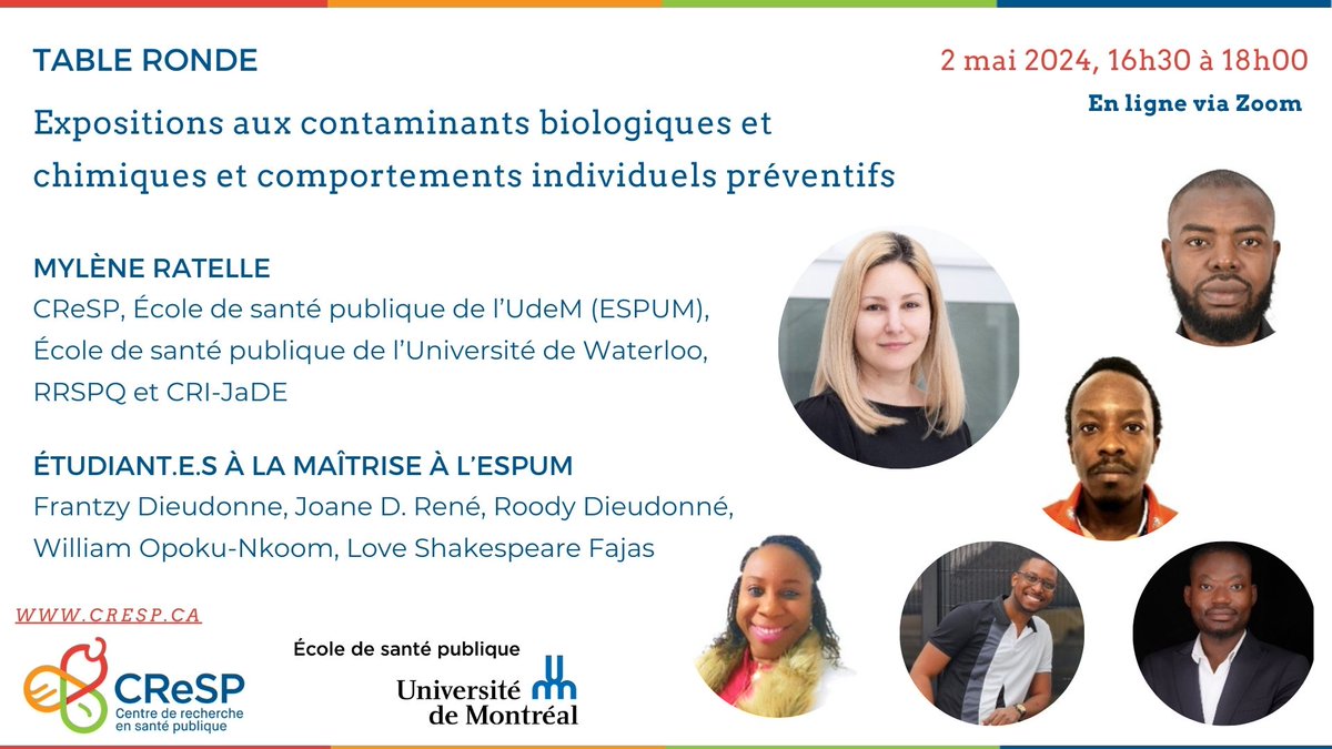 Table ronde : Expositions aux contaminants biologiques et chimiques et comportements individuels préventifs 🗓️2 mai, 16h30-18h00 ✍️cresp.ca/fr/evenement/e… L'audience sera invitée à poser des questions et partager des réflexions à nos panelistes. Joignez-vous à nous !