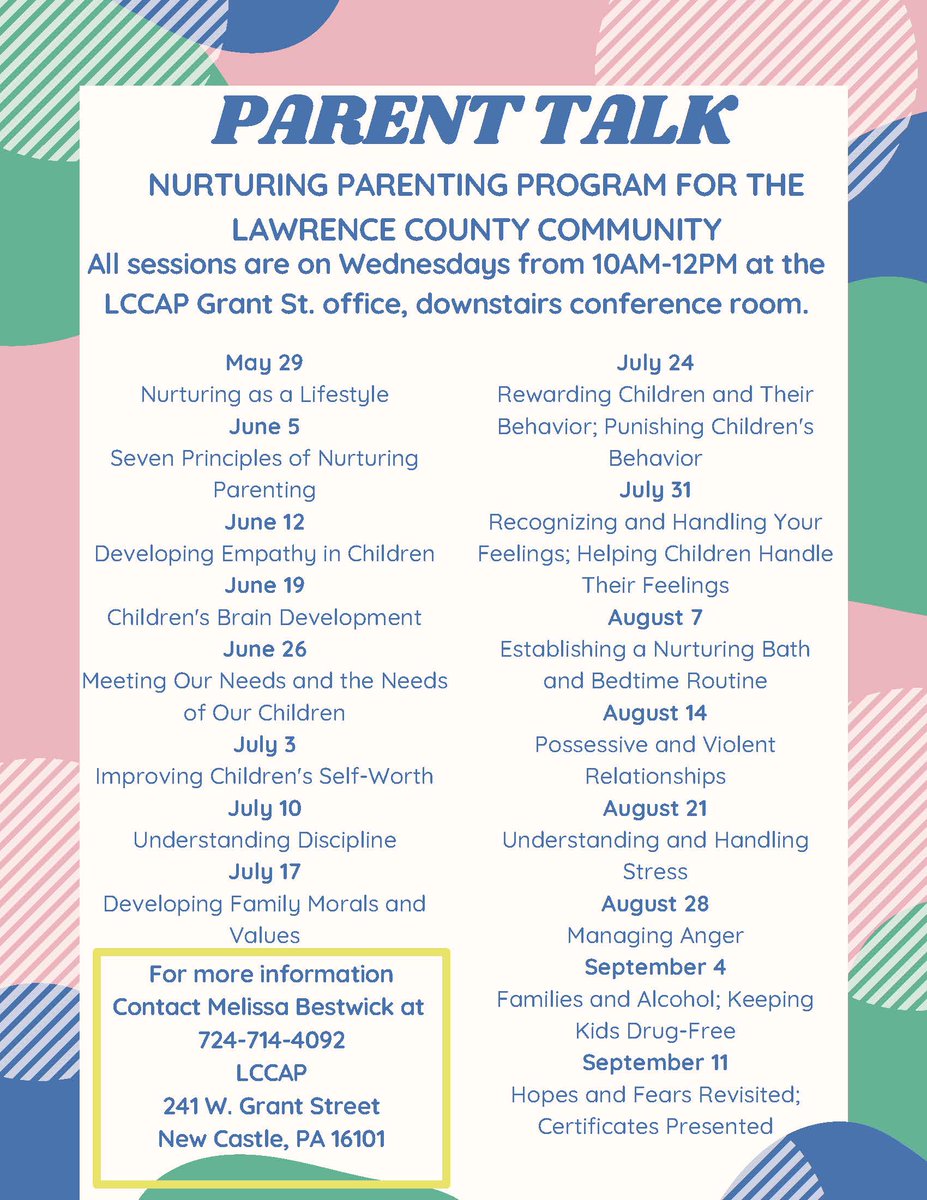 Parent Talk, the Nurturing Parenting Program Curriculum begins May 29th on Wednesdays from 10am-12pm until September 11th. For more information, please contact Melissa Bestwick at (724)714-4092. #parenttalk #parenting #NurturingParentingProgram