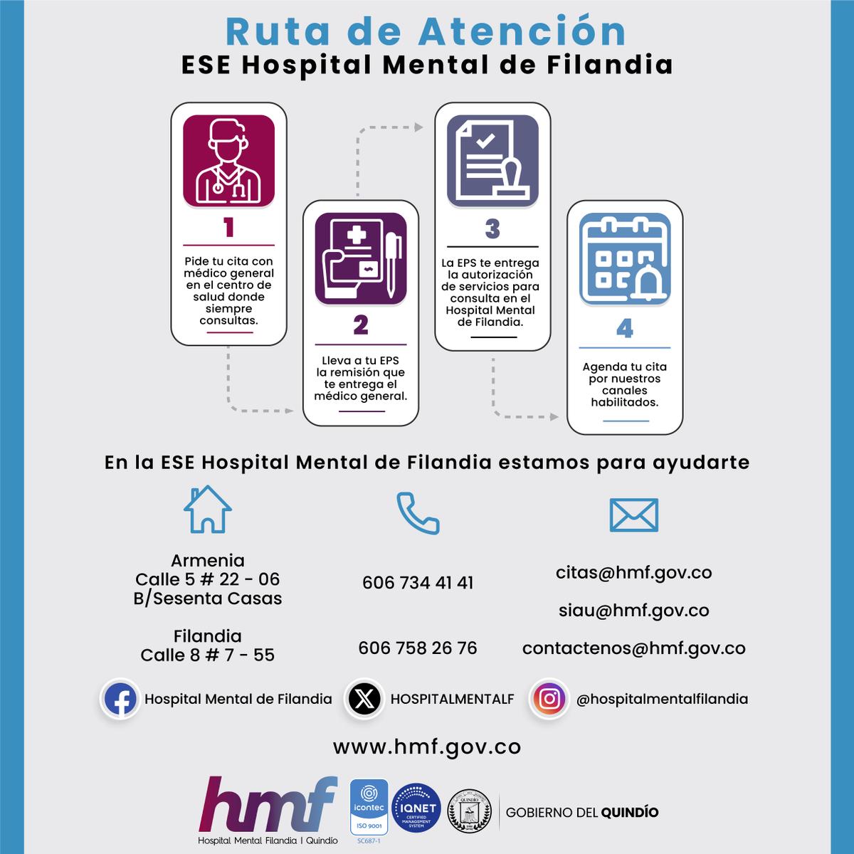 HOSPITALMENTALF's tweet photo. Conoce la ruta de atención al usuario que debes seguir para acceder a los servicios ofertados por el Hospital Mental de Filandia. https://t.co/v6XaylTsID