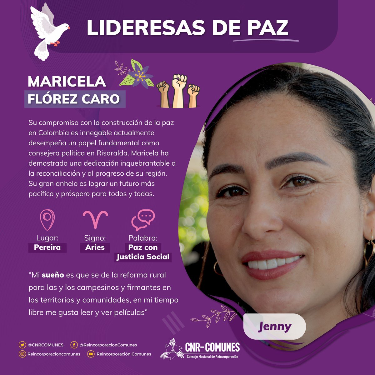 Nuestra #LideresaDePaz🕊️ de la semana es Maricela Flórez, una #Mujer💜 comprometida con la construcción de paz desde los territorios 🗣️ “Mi sueño es que se de la #ReformaRural🌱 para las y los #FirmantesDePaz🕊️ en los territorios y comunidades” Gracias por tu fortaleza✊🇨🇴