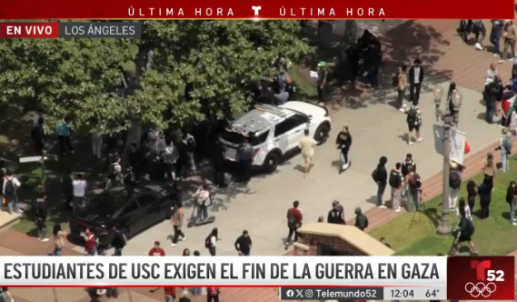 katnbcla's tweet image. We are live on NBC4 and Telemundo52 where hundreds of pro-Palestine USC students continue protesting. The solidarity occupation at USC Alumni Park started this morning around 7am.📺#NBCLA #USC