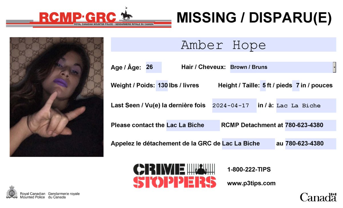 #Missing: Amber Hope, 26, #LacLaBiche.