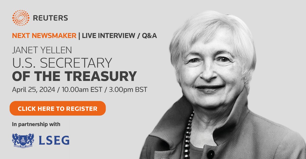 Join us for a Reuters NEXT Newsmaker featuring Janet Yellen, US Secretary of the Treasury, in a conversation with Reuters Editor-in-Chief Alessandra Galloni on Thursday, April 25 at 10 a.m. ET / 3:00 p.m. BST. Register here 👉 reut.rs/3JAH7Qx