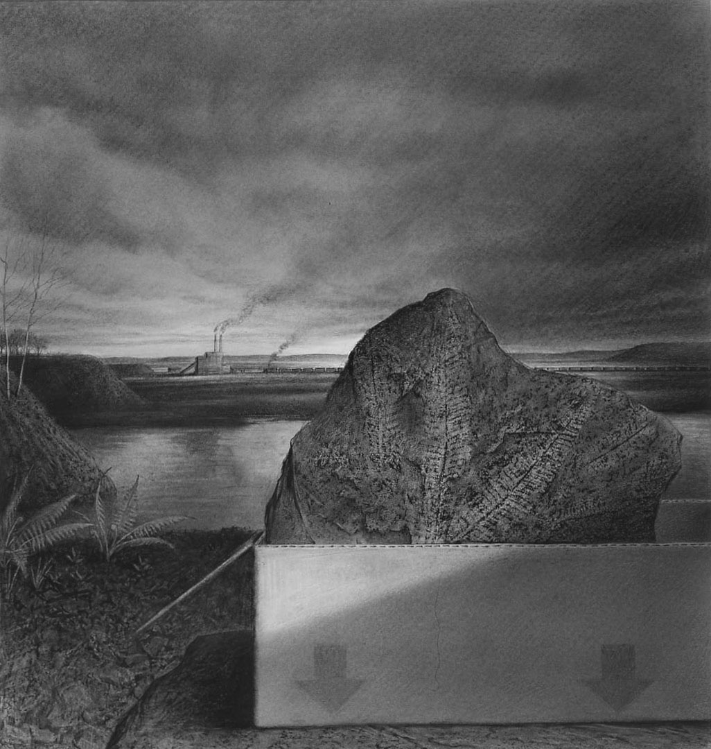 'Carbon County' - graphite drawing based on childhood memories of searching for fossils in the culm banks of the strip mines behind my grandparent's home. Back in those days parents just let the kids roam...the fossil shown in the drawing is an actual rubbing from a fern fossil