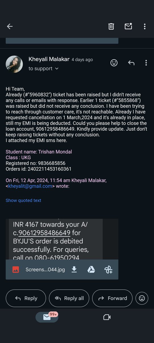 <a href="/tweetdivya/">Divya Gokulnath</a> <a href="/ByjuRaveendran/">Byju Raveendran</a> <a href="/BYJUS/">BYJU'S</a> 
Hi,already I have requested cancellation on 01 March,24. And it's already in place,  still my EMI is being deducted. Could you please help to close the loan account 90612958486649. I will go to consumer forum if I don't get proper solution
