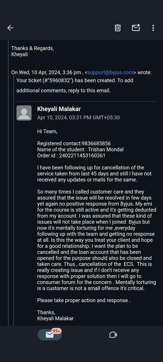 KN24pgs's tweet photo. @tweetdivya @ByjuRaveendran @BYJUS 
Hi,already I have requested cancellation on 01 March,24. And it's already in place,  still my EMI is being deducted. Could you please help to close the loan account 90612958486649. I will go to consumer forum if I don't get proper solution https://t.co/cvHOAPrc8T