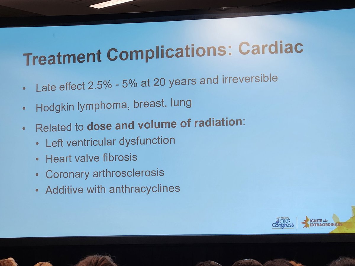 Cardiac LONG TERM complications from radiation! Yes, sometimes the side effucks show up 20 years later. These risks need to be part of Survivorship and #SurvOnc education 
#ONSCongress