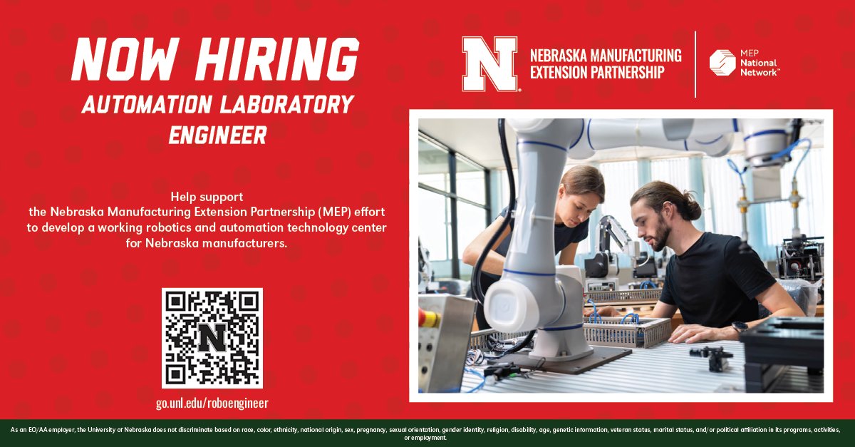 MEPNebraska's tweet photo. We’re hiring! We’re looking for Automation Laboratory Engineer to support our Training and Technology Center-and in turn, our state’s small- to medium-sized manufacturers. >> Apply: https://t.co/TG7BDpht44 #manufacturing #automation #mepnationalnetwork https://t.co/R2qGDWdWgS
