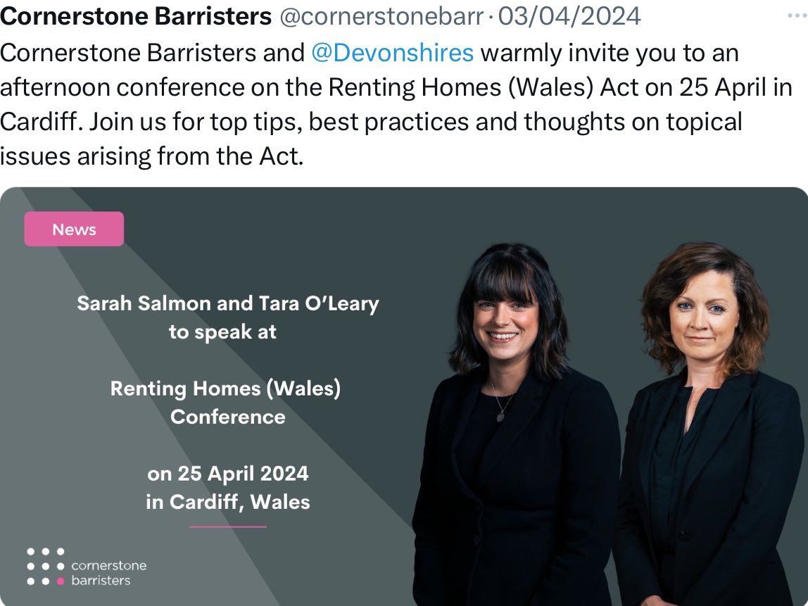 .@SarahSalmon3 & @OLearyTara are speaking at this important conference tomorrow on a crucial housing topic, joined by @Devonshires. cornerstonebarristers.com/event/devonshi…