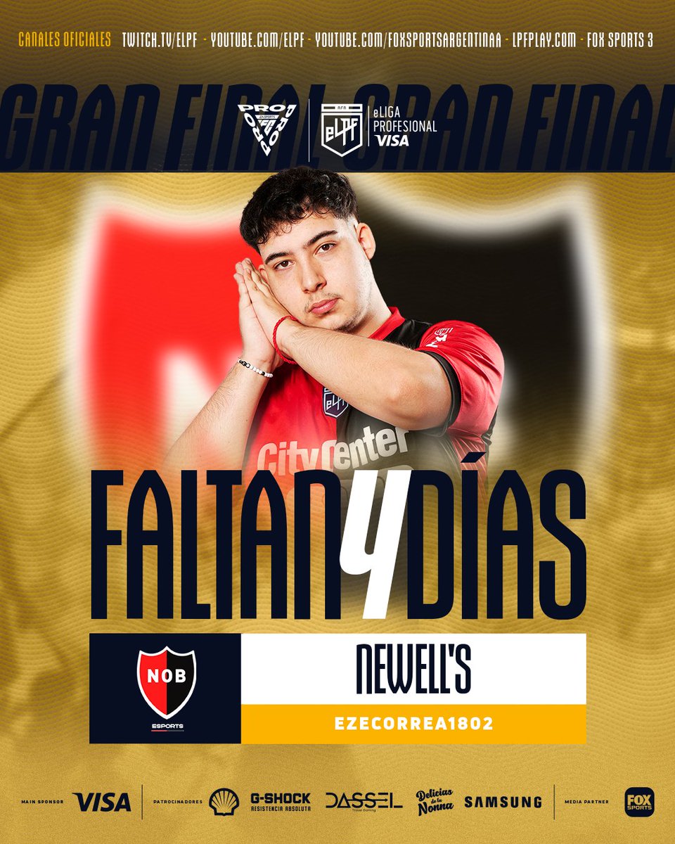 FALTAN CUATRO DÍAS PARA EL PRESENCIAL🫡 Se acerca la definición de la #eLPFVISA 2024🏆y @Ezecorrea1802 de @NewellsEsports lo sabe😉 ¡No te lo pierdas!👉⏰18HS ▶ lpfplay.com ▶ twitch.tv/eLPF 📺 FOX Sports 3