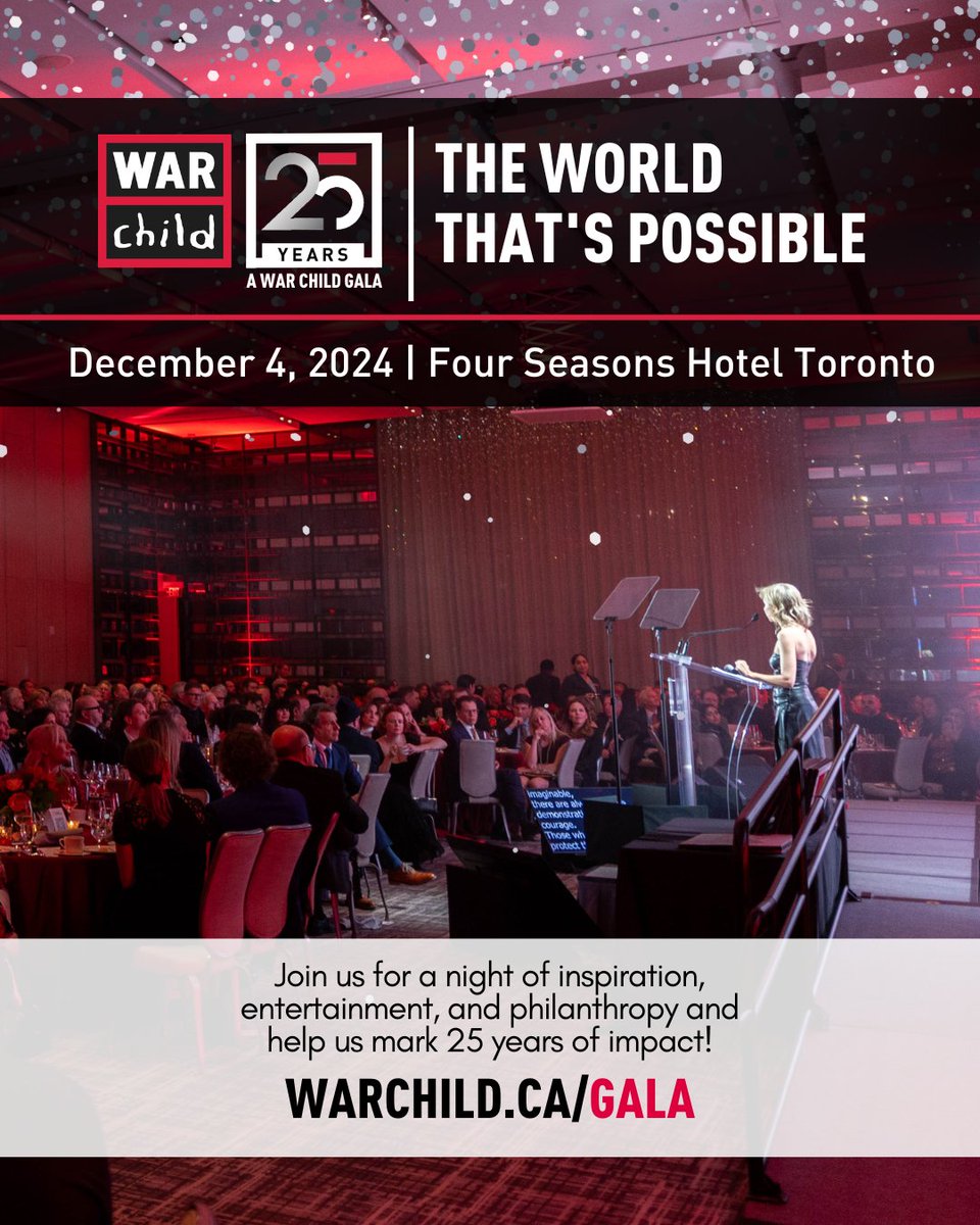 🌟 Save the date! 🗓️ Don't miss War Child's 25th Anniversary Gala, The World That's Possible, Dec 4 at @fstoronto. Join us for a night of inspiration, entertainment, & philanthropy to mark 25 years of impact! #WarChildGala #TheWorldThatsPossible Details➡️ warchild.ca/gala