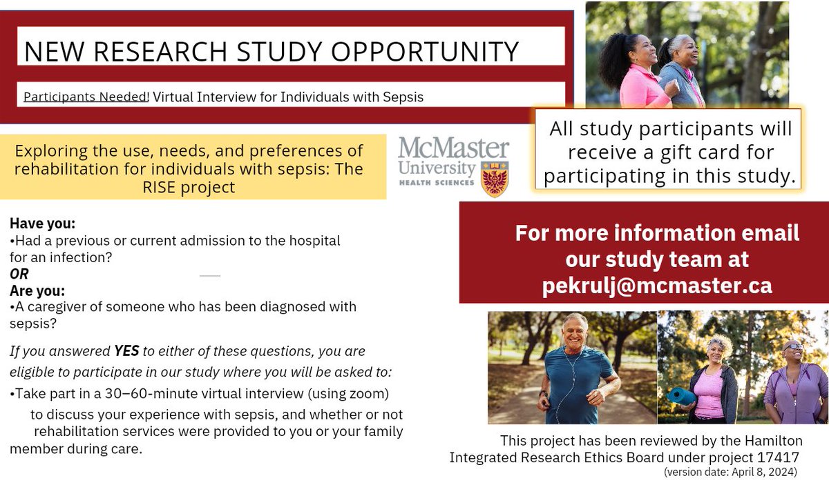 We are currently looking for participants who have survived #Sepsis or are #Caregivers to someone who survived Sepsis.

Email your interest to Jordan: pekrulj@mcmaster.ca

Please share with your networks!
#sepsissurvivor #sepsisawareness #research